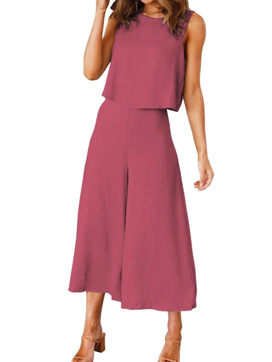 Pants - 🍓Two-Piece Crop Top & Wide Leg Pants Set - Berry Pink Culotte Capri Flowy Gaucho